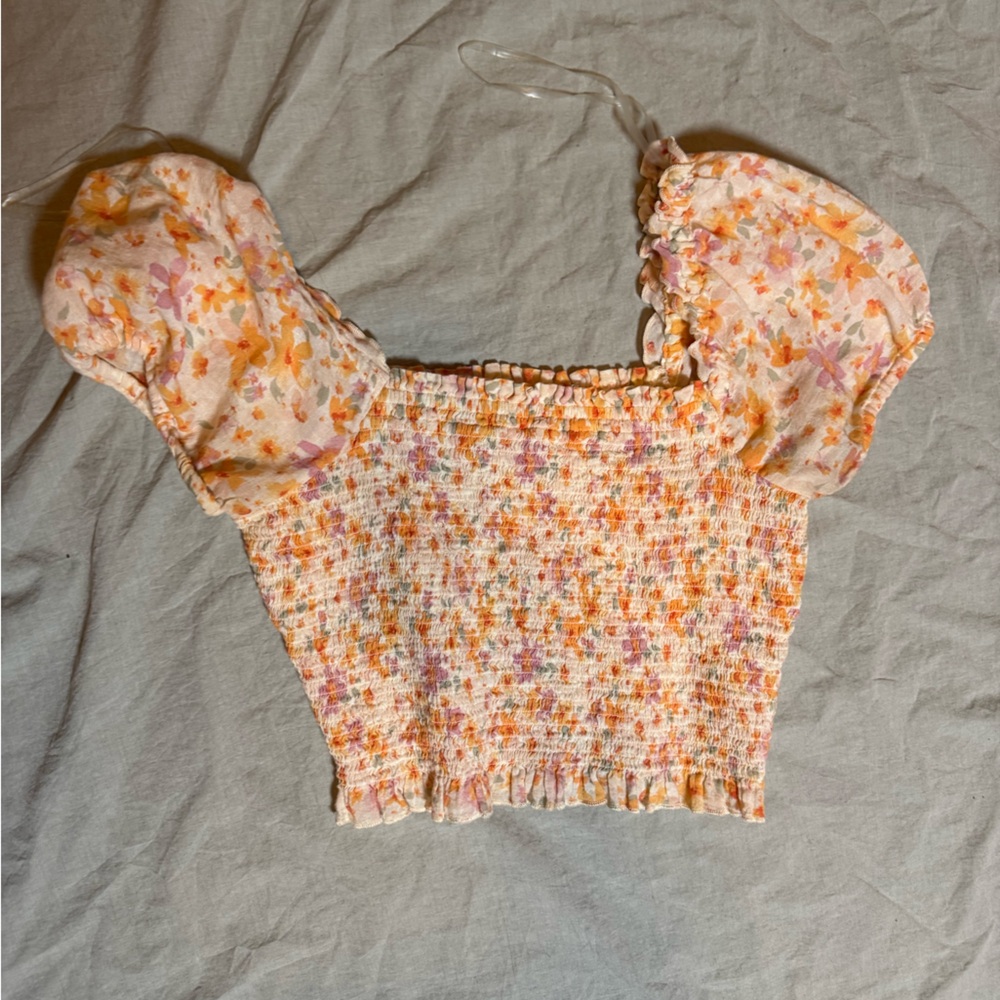 Floral Smocked Crop Top with Puff Sleeves